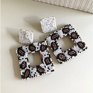 NEW Beaded Geometric Drop Earrings Ivory Brown Black